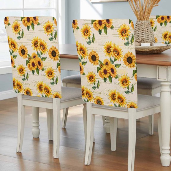 Sunflowers Dining Chair Back Cover Only, Retro Country Yellow Floral Green Leaves Newspaper Texture Set of 4 Chair Back Covers, Removable Washable for Dining Room, Banquet & Holiday Decoration