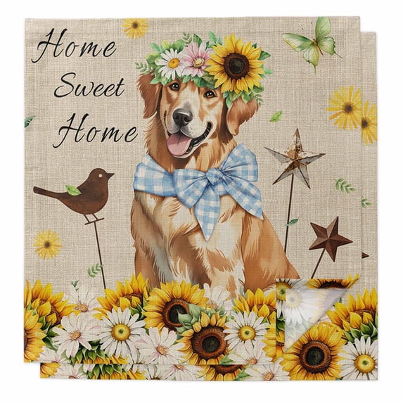 Sunflowers Dog Cloth Napkins, Spring Watercolor Floral Stars on Linen Washable and Reusable Dinner Napkins Set of 2, Table Napkin for Kitchen Party Birthday Wedding Hotel Housewarming 20"x20"