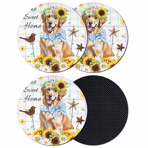 Sunflowers Dog Coasters Set of 4, Absorbent Coasters for Drinks, Spring Watercolor Floral Stars Colorful Plaid Coaster for Desk Coffee Table Protection, Home Decor House Warming Gifts 4"