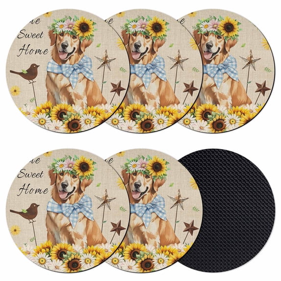 Sunflowers Dog Coasters Set of 6, Absorbent Coasters for Drinks, Spring Watercolor Floral Stars on Linen Coaster for Desk Coffee Table Protection, Home Decor House Warming Gifts 4"