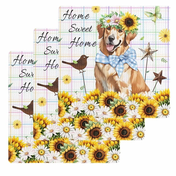 Sunflowers Dog Kitchen Dish Towels for Drying Dishes Set of 3, Spring Watercolor Floral Stars Colorful Plaid Waffle Weave Microfiber Hand Tea Bathroom Towels Quick Dry & Absorbent Towel 12x12