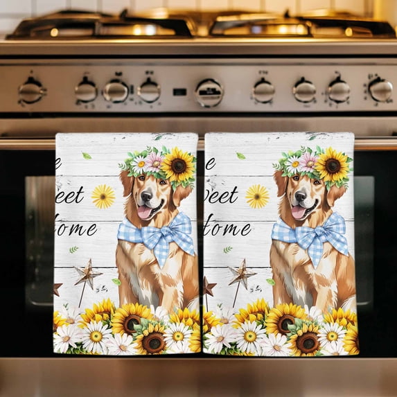 Sunflowers Dog Kitchen Towels Set of 1, Spring Watercolor Floral Stars Wood Grain Absorbent Dish Towels for Kitchen, Microfiber Hand Towel, Quick Drying Tea Towel for Cleaning Decorative Dishcloths