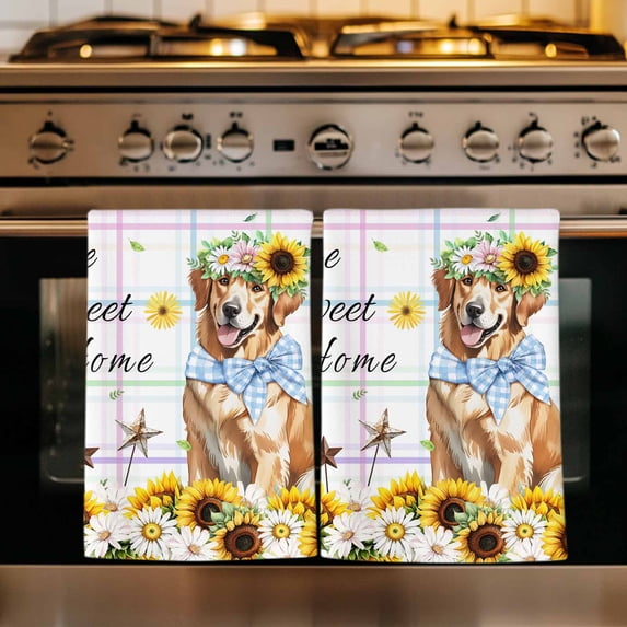 Sunflowers Dog Kitchen Towels Set of 3, Spring Watercolor Floral Stars Colorful Plaid Absorbent Dish Towels for Kitchen, Microfiber Hand Towel, Quick Drying Tea Towel for Cleaning Dishcloths