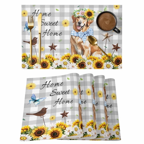 Sunflowers Dog Placemats Set of 6 Spring Watercolor Floral Stars Grey Plaid Place Mats Indoor Wipeable Table Mats Washable Cloth Dining Table Placemats for Kitchen Holiday Party Home Decor 13x19 Inch