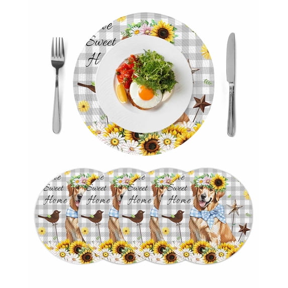 Sunflowers Dog Round 13 Inch Placemats Set of 4, Spring Watercolor Floral Stars Grey Plaid HeatResistant Non Slip Place Mats for Dining Table, Wipeable Braided Kitchen Table Mats for Housewarming