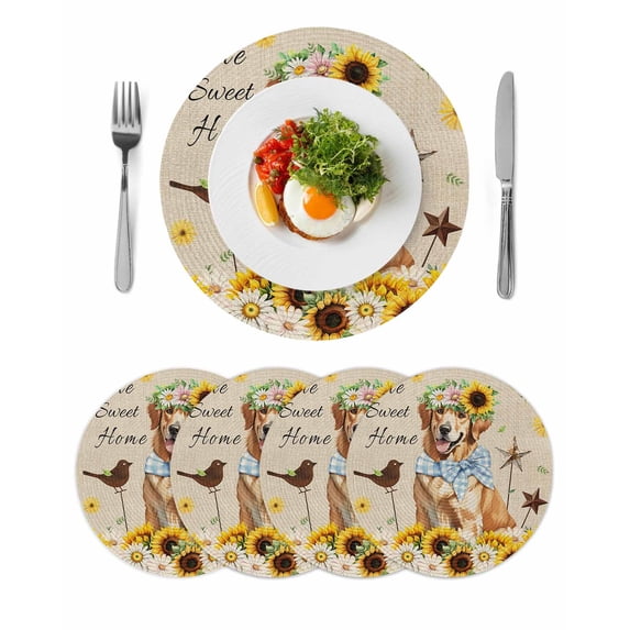 Sunflowers Dog Round 13 Inch Placemats Set of 4, Spring Watercolor Floral Stars on Linen HeatResistant Non Slip Place Mats for Dining Table, Wipeable Braided Kitchen Table Mats for Housewarming