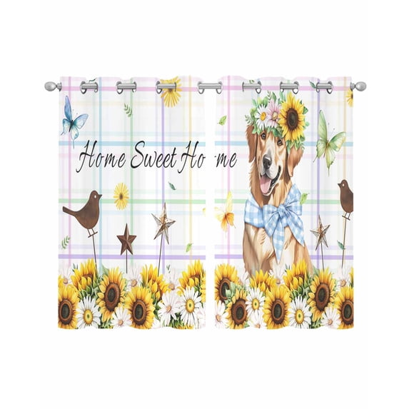 Sunflowers Dog Sheer Curtains 39 Inch Length 2 Panels Set for Living Room/Bedroom, Spring Watercolor Floral Stars Colorful Plaid Kitchen Curtains Grommet Curtains Window Treatments 27.5"x39"x2