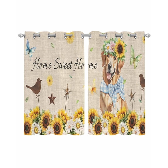 Sunflowers Dog Sheer Curtains 54 Inch Length 2 Panels Set for Living Room/Bedroom, Spring Watercolor Floral Stars on Linen Kitchen Curtains Grommet Semi-Sheer Curtains Window Treatments 42"x54"x2
