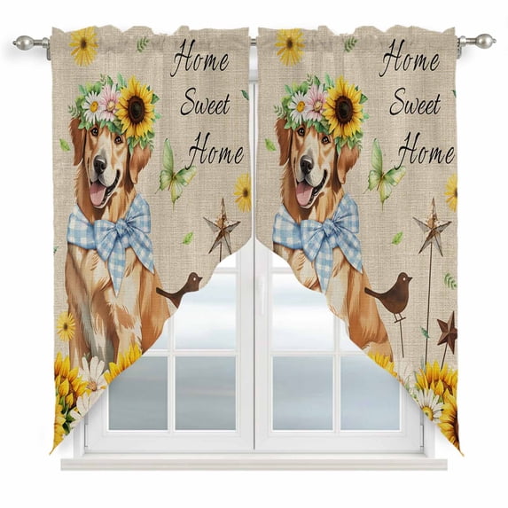 Sunflowers Dog Swag Valances for Windows, Kitchen Curtains 36 Inch Length 2 Panels Set, Spring Watercolor Floral Stars on Linen Short Curtains for Small Windows Rod Pocket Cafe Curtains 28"x36"