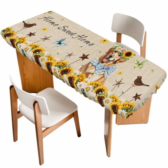 Sunflowers Dog Table Cloths for 8 Foot Rectangle Tables, Spring Watercolor Floral Stars on Linen Patio Waterproof Elastic Fitted Tablecloths, Washable Rectangular Table Cover for Camping