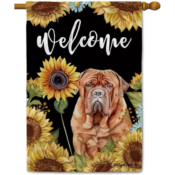 Sunflowers Dogue de Bordeaux House Flag Watercolor Dog Floral Spring Summer Decor Flag for Outdoor Yard Double Side 28X40 Inch