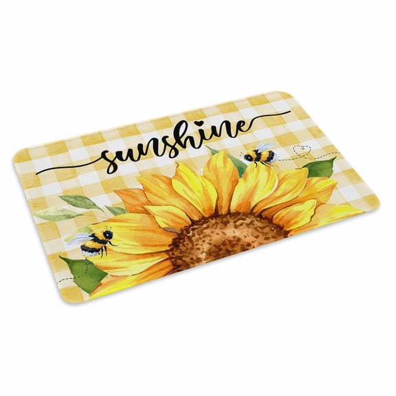 Sunflowers Doormat Outdoor Entrance 24"x36", Yellow Plaid Sunshine Vintage Country Bee Absorb Moisture Dirt Door Mats, Non-Slip Rubber Backing Floor Mats Indoor, Low-Profile Front Door Rugs