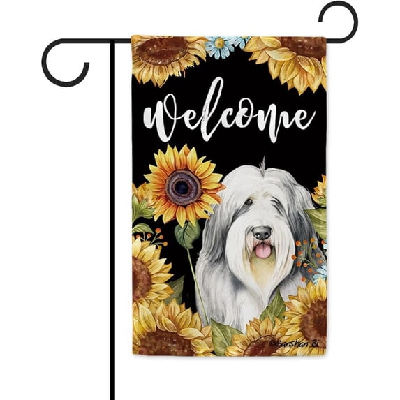 Sunflowers English Sheepdog Garden Flag Watercolor Dog Floral Spring Summer Decor Flag for Outdoor Yard Double Side 12.5X18 Inch