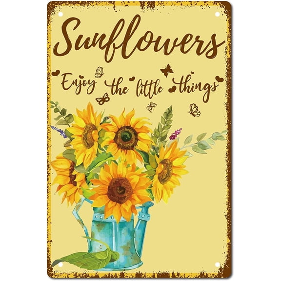 Sunflowers Enjoy The Little Things Tin Sign Vintage Retro Metal Wall Decor Decoration Art for Home Garden Kitchen Bar Pub Living Room Office Garage Poster Plaque 12 x 8 Inch Yellow Tinplate