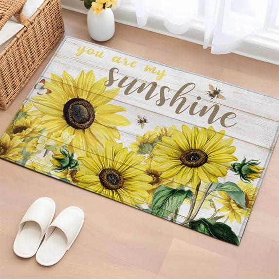 Sunflowers Entryway Rug 2'x3' Non Slip Front Door Mats, Country Spring Botanical Flowers Bee Wooden Entrance Rugs Indoor Outdoor Carpet, Washable Floor Mats Small Area Rug for Bedroom Kitchen