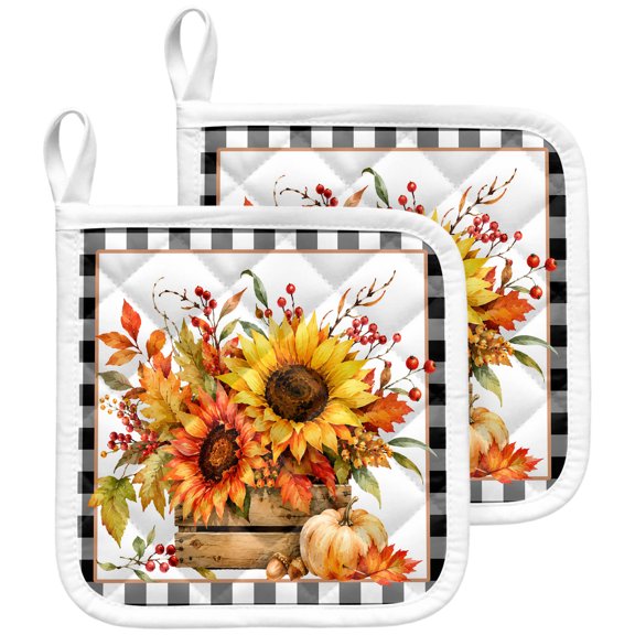 Sunflowers Fall Pot Holders for Kitchen Heatproof Potholder, 2 Pack Thanksgiving Pumpkins Checkered Botanical Hot Pads Multipurpose Oven Pads Terry Cloth Potholders Trivet for Cooking and Baking
