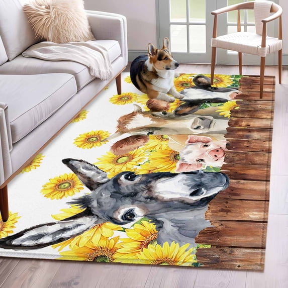 Sunflowers Farm Animals 3'x5' Washable Rug, Vintage Wooden Animals Non-Slip Area Rugs for Entryway Kitchen Classroom, StainResistant Dorm Throw Carpet, Low Pile Soft Indoor Floor Mat