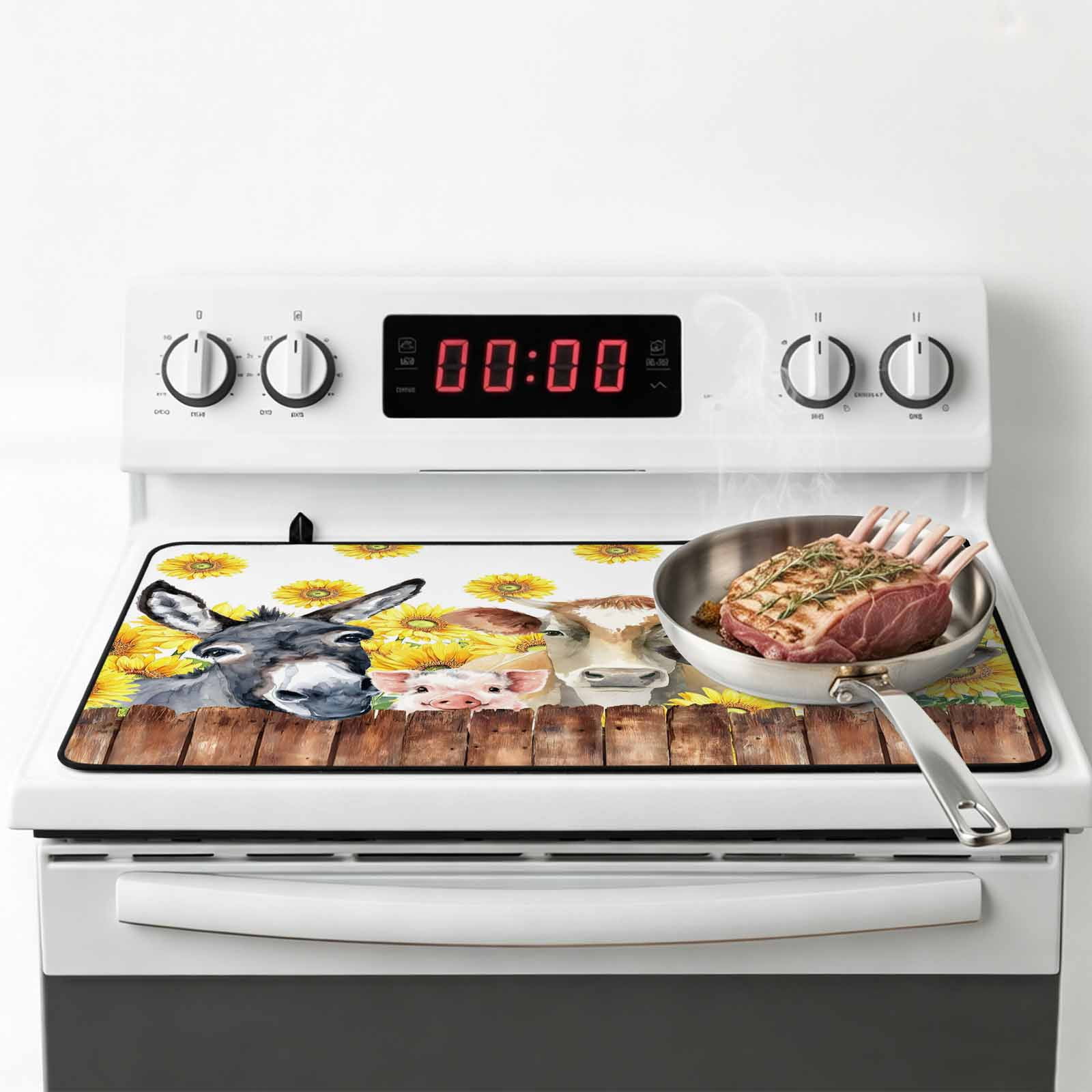 Sunflowers Farm Animals Stove Top Cover for Electric Stove, Heat-proof & Non Slip Glass Top Stove Cover Protector, Vintage Wooden Animals Kitchen Flat Cooktop Rubber Mat 24x21 Inches