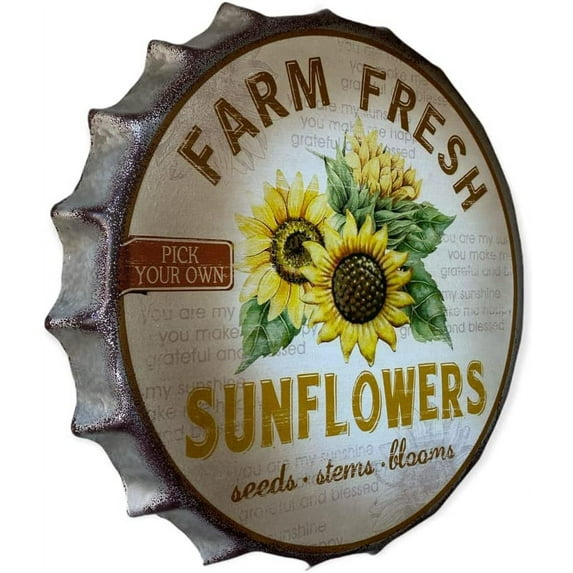 Sunflowers Farm Fresh Decorative Metal Bottle Cap Modern Farmhouse Hanging Rustic Sign Kitchen Decor 11.5" D