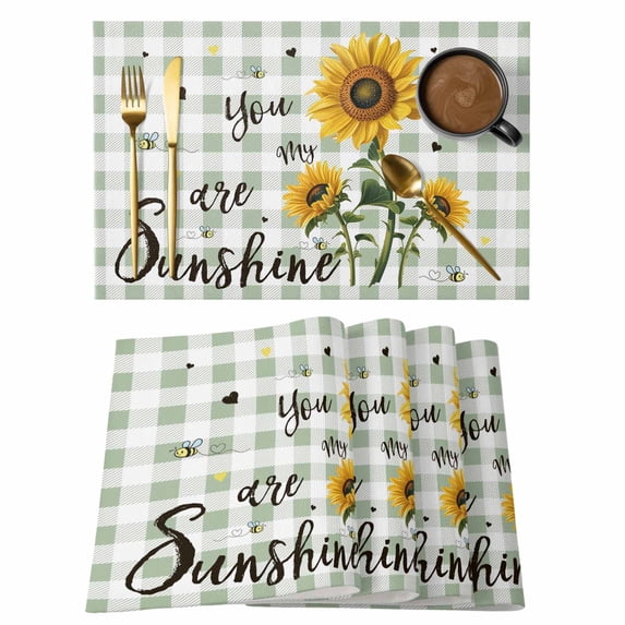 Sunflowers Farmhouse Placemats Set of 4, Sage Green Plaid Pastoral Rustic Placemats for Dining Table, Place Mats for Kitchen Tabletop, Waterproof Wipeable Dining Table Mats Set