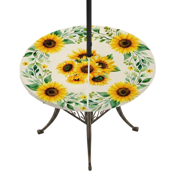 Sunflowers Farmhouse Round Outdoor Tablecloth with Umbrella Hole Zipper, Summer Botanical Floral Leaves Elastic Fitted Table Cover, Waterproof Table Cloth for Patio Picnic Party Fits 31"-35"