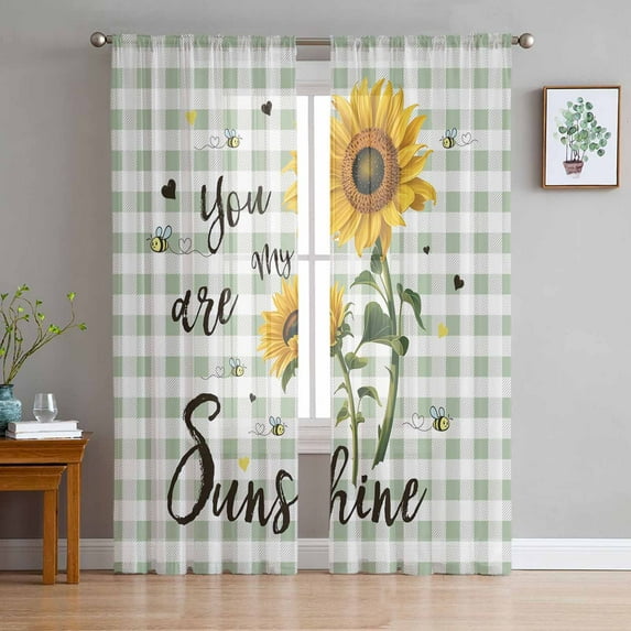 Sunflowers Farmhouse Semi Sheer Curtains 96 Inch Length 2 Panels Set, Sage Green Plaid Pastoral Rustic Sheer Kitchen Curtain Privacy Voile Window Curtain for Living Room Bedroom Rod Pocket Drapes