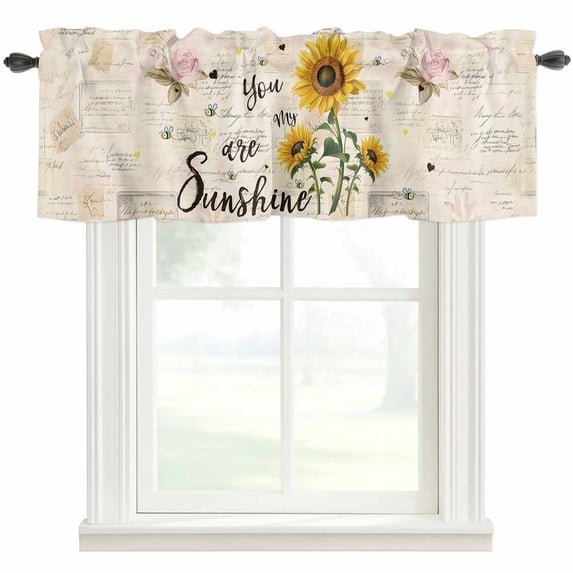 Sunflowers Farmhouse Short Window Curtain Valances, Farmhouse Retro Botanical Floral Bee Love Heart Rod Pocket Kitchen Valances for Living Room Bedroom Bathroom Cafe 54" x 18"