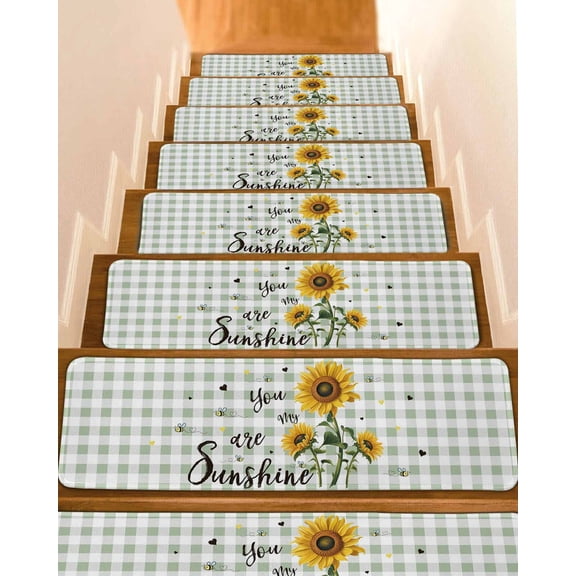 Sunflowers Farmhouse Stair Treads for Wooden Steps Indoor Runner Rug Carpet, Sage Green Plaid Pastoral Rustic 7 Pieces Peel and Stick Staircase Step Treads Covers Washable Throw Door Mats, 30"x8"