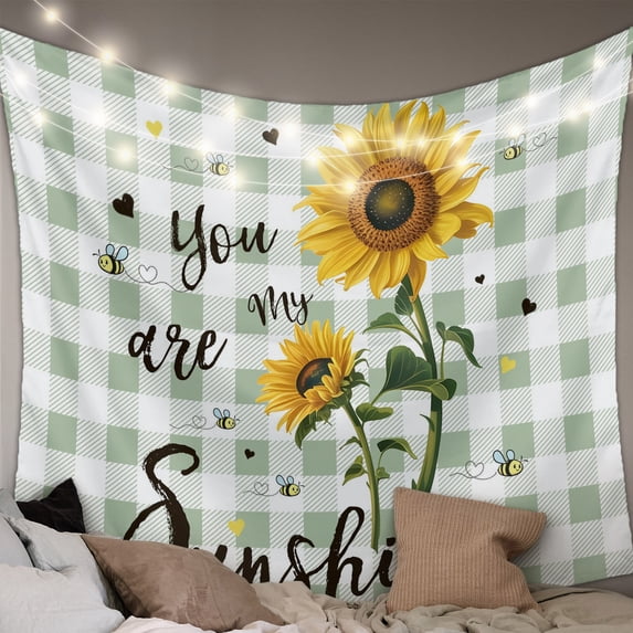 Sunflowers Farmhouse Tapestry for Bedroom Wall Hanging Tapestry, Sage Green Plaid Pastoral Rustic Ceiling Backdrop Tapestries Poster Blanket Wall Decor for Teens Room Living Room Dorm 39" x 59"