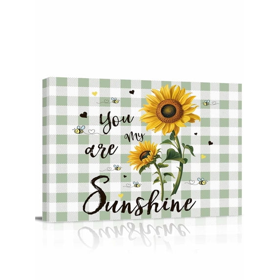 Sunflowers Farmhouse Wall Art for Living Room,Canvas Picture Wall Decor for Bathroom Bedroom,Sage Green Plaid Pastoral Rustic Painting Artwork for Office Kitchen Hallway Dining Room Decor 12"x16"