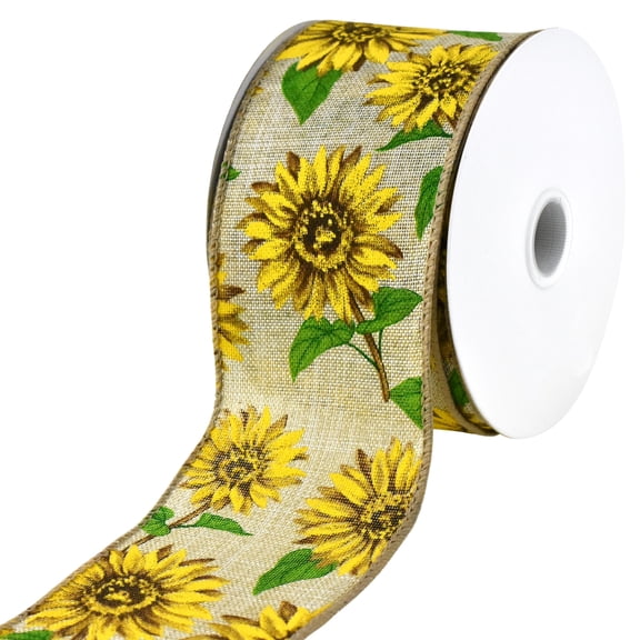 Sunflowers Faux Linen Wired Ribbon, 2-1/2-inch, 10-yard, Natural