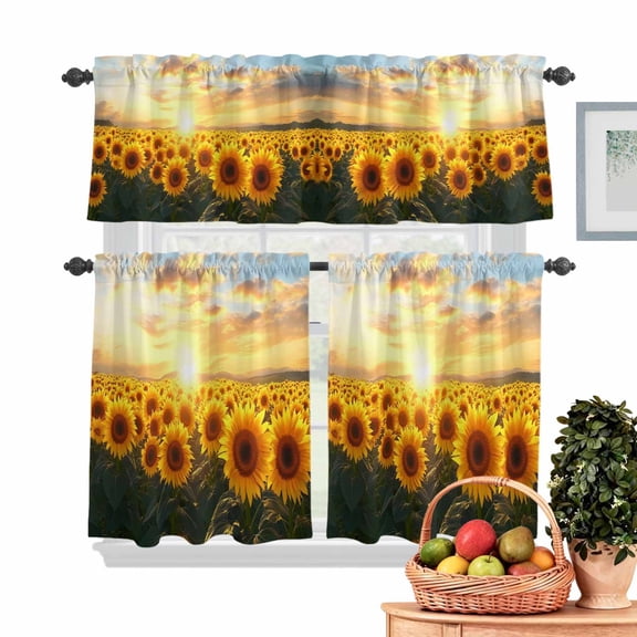 Sunflowers Field Kitchen Curtains Valances 3 Piece Set, Sunset Summer Vintage Scenery Farmhouse Rod Pocket Tier Curtain and Valance Drapes for Small Window 24 Inch Length for Bedroom Cafe