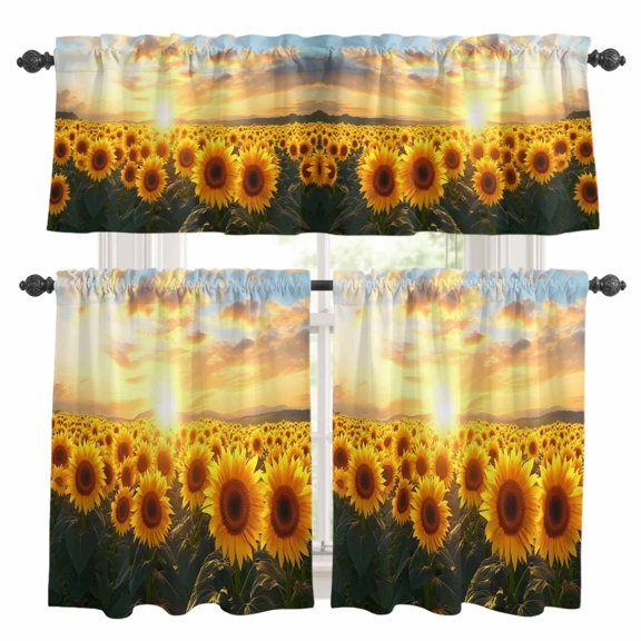 Sunflowers Field Kitchen Curtains Valances and Tiers Set of 3 Sunset Summer Vintage Scenery Farmhouse Tier Curtains and Valance with Rod Pocket for Small Windows, 27.5"x24"
