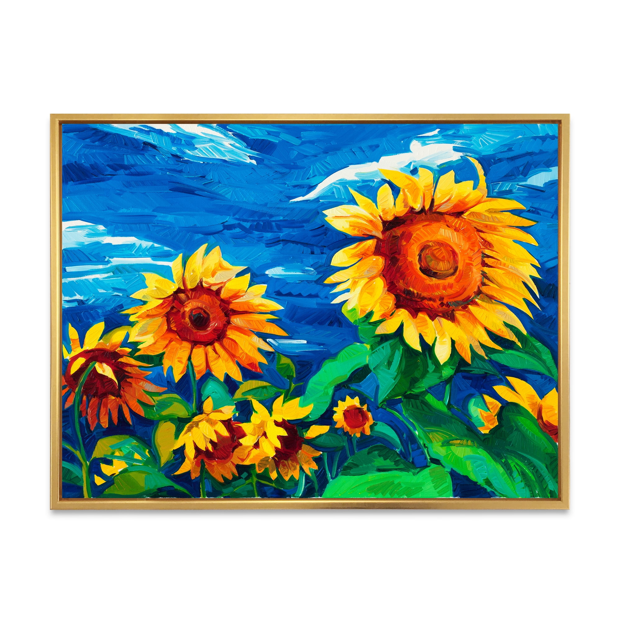 Sunflowers Field Under A Bright Blue Sky 20 in x 12 in Framed Painting Canvas Art Print, by Designart