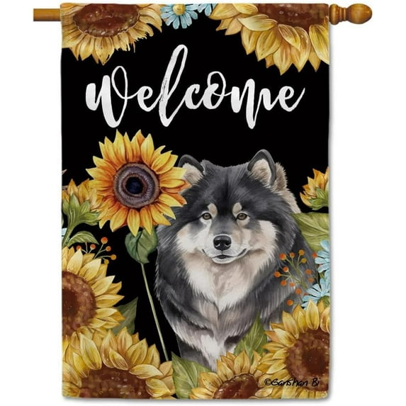 Sunflowers Finnish Lapphund House Flag Watercolor Dog Floral Spring Summer Decor Flag for Outdoor Yard Double Side 28X40 Inch