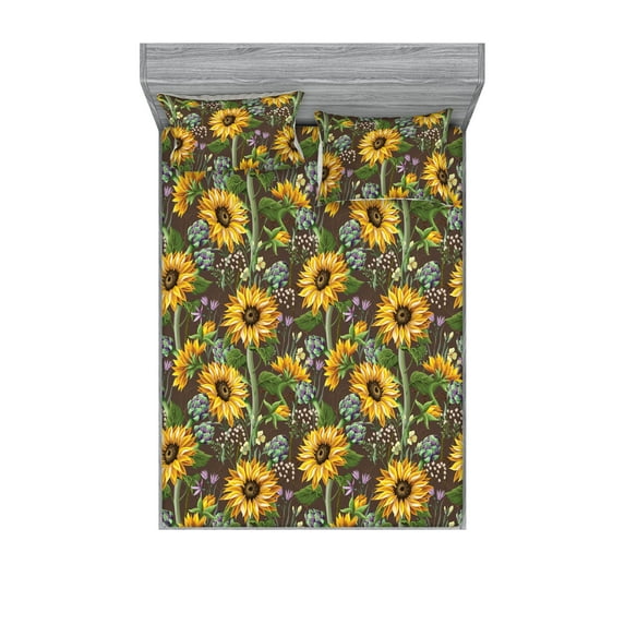 Sunflowers Fitted Sheet & Pillow Sham Set, Dreamy Composition of Flower Field with Leaves and Artichokes Art, Decorative Printed 3 Piece Bedding Decor, Queen, Mustard Fern Green Sepia, by Ambesonne