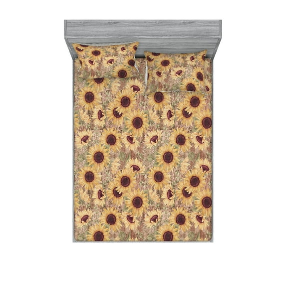 Sunflowers Fitted Sheet & Pillow Sham Set, Summer Inspired Flowers Vintage Boho Pattern with Leaves Greenery Art, Decorative Printed 3 Piece Bedding Decor, King, Dark Rosewood Mustard, by Ambesonne