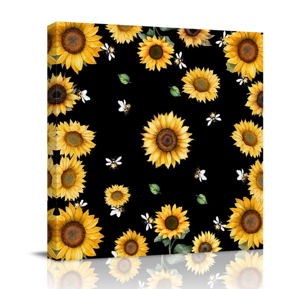 Sunflowers Floral Canvas Wall Art for Living Room, Yellow Flower Bee Country Style Black Background Poster Print Painting for Bedroom Office Home Decoration Wall Pictures Prepare To Hang 8"x8"