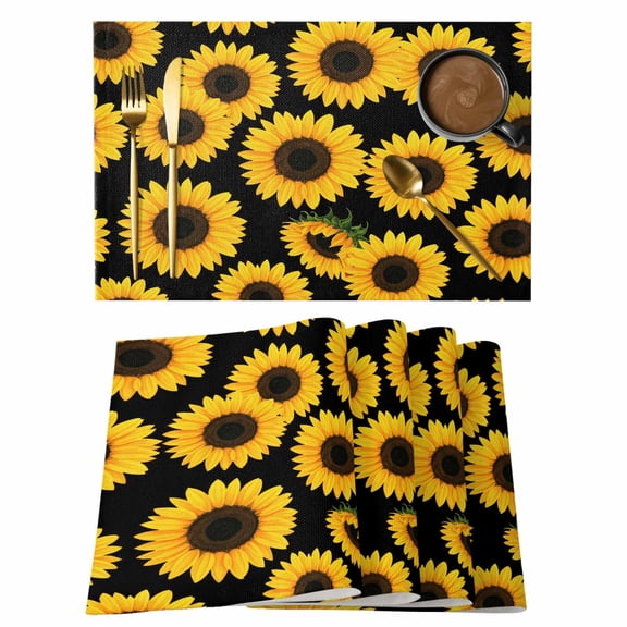Sunflowers Floral Cotton Linen Placemats Set of 1, Yellow Flower Black Background Simple Washable Table Place Mats Heat Insulating Placemat for Dining Room Kitchen Daily Use 13 x 19 Inch