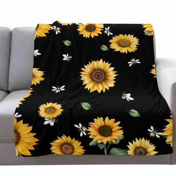 Sunflowers Floral Fleece Throw Blanket Lightweight Yellow Flower Bee Country Style Black Background Fuzzy Flannel Throws Super Soft Cozy Flannel Blanket for Couch, Sofa, Bed, Travel 50"x60"