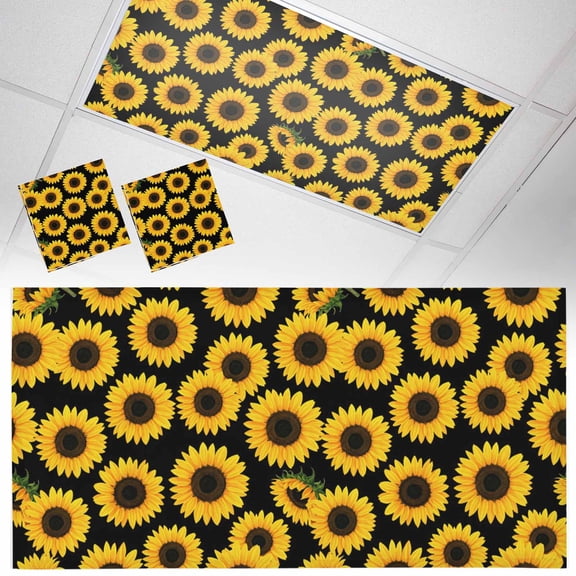 Sunflowers Floral Fluorescent Light Covers Yellow Flower Black Background Simple Magnetic Light Filters Ceiling Lighting Panel Shade for Classroom Office Home 2 x 4 ft, 2 Pack