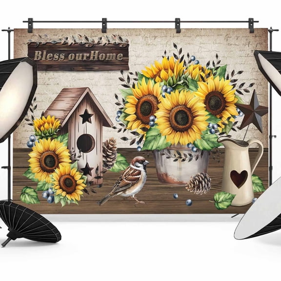 Sunflowers Floral Photography Backdrop 7x5FT, Sparrows Bird House Bless Our Home Vintage Paper Photo Backdrops, Background for Photography Studio Photo Studio Background, Back Drop for Photoshoot