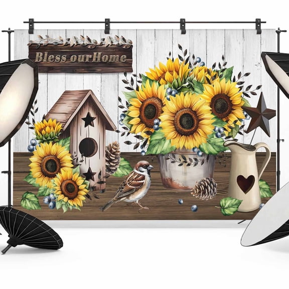 Sunflowers Floral Photography Backdrop 7x5FT, Sparrows Bird House Bless Our Home White Wood Striped Photo Backdrops, Background for Photography Studio, Back Drop for Photoshoot
