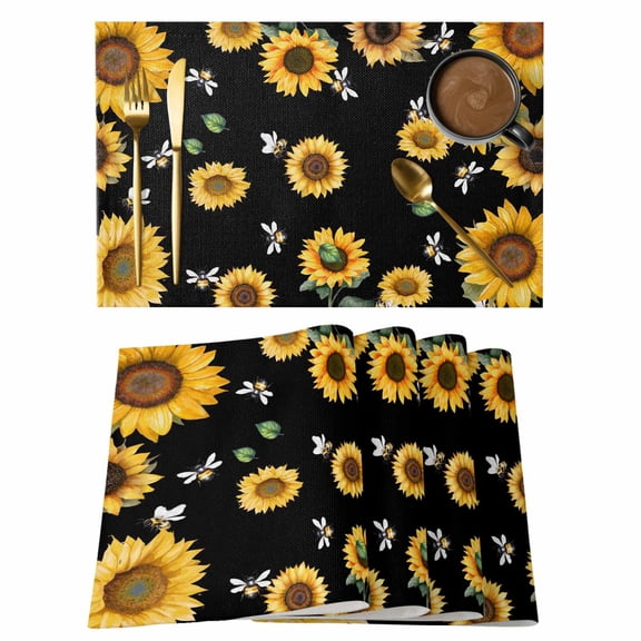 Sunflowers Floral Placemats Set of 4 Yellow Flower Bee Country Style Black Background Heat Insulation Washable Place Mats, Rustic Non-Slip Table Mats for Dining Table Party Kitchen Decor,13x19 Inch