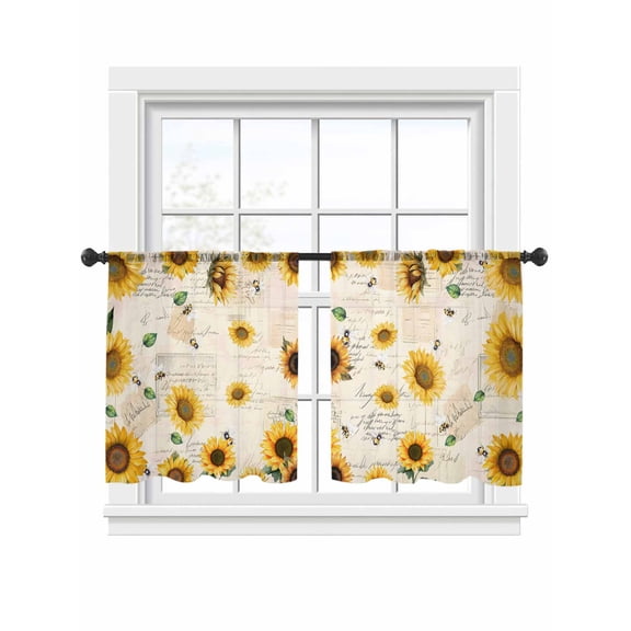 Sunflowers Floral Sheer Curtains 2 Panels Set Yellow Flower Bee Retro Letter Country Style Sheer Window Curtains Light Filtering Rod Pocket Voile Drapes for Bedroom Living Room 52"x54"