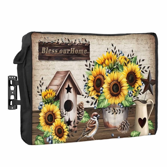 Sunflowers Floral Waterproof Outdoor TV Cover, Sparrows Bird House Bless Our Home Vintage Paper Outside Weatherproof TV Enclosures for 80 to 85 Inch LCD Television Shield Flat Screen Protectors