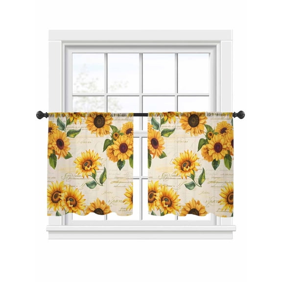 Sunflowers Flowers Sheer Curtains 2 Panels Set Retro Yellow Floral Vintage Letter Country Sheer Window Curtains Light Filtering Rod Pocket Voile Drapes for Bedroom Living Room 52"x54"