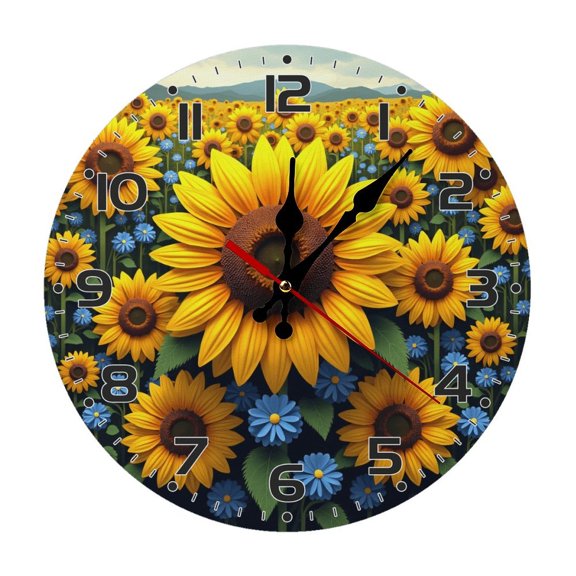 Sunflowers Flowers Sunflower Field Wall Clock 10 Inch Silent Non Ticking Round Wooden Clock Decoration for Living Room Kitchen Bedroom Bathroom Office Classroom