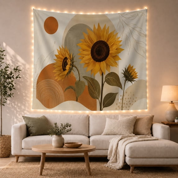 Sunflowers Against Geometric Shapes With Rusty Sun, Calming Boho for Flower Lovers, Botanical Wall Art Decor, Housewarming Gift Tapestry Wall Hanging for Bedroom and Living Room