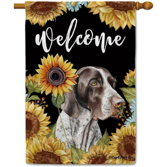 Sunflowers German Shorthaired Pointer House Flag Watercolor Dog Floral Spring Summer Decor Flag for Outdoor Yard Double Side 28X40 Inch